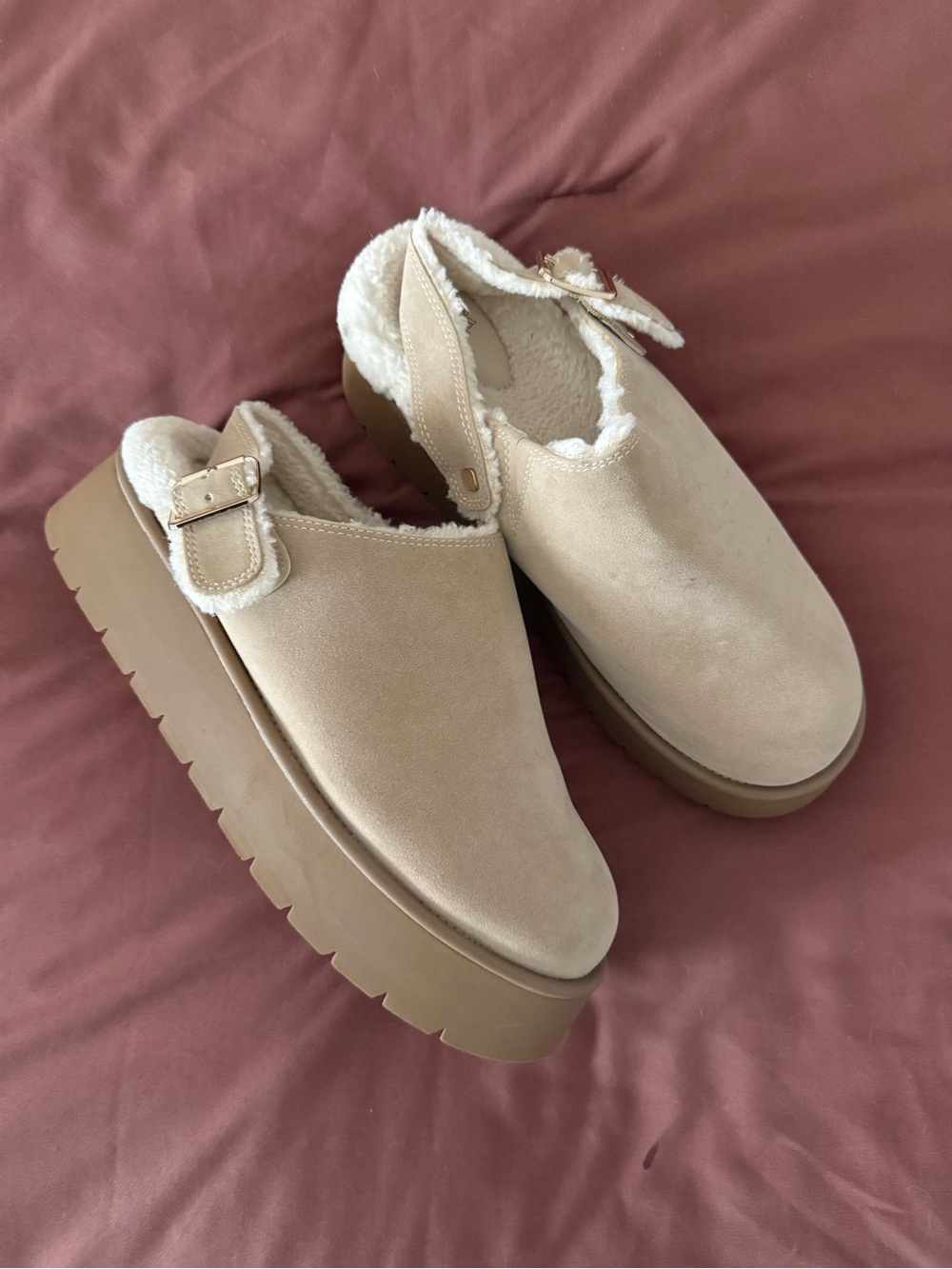 Target Cream Faux-Suede Sherpa-Lined Platform Mules